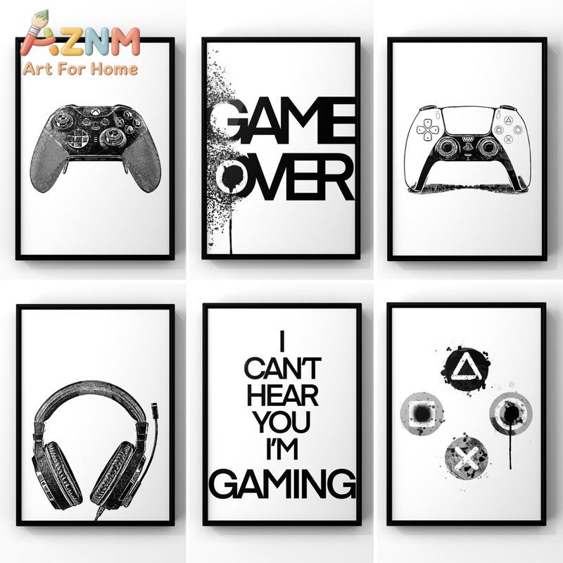 Gaming Accessories For Room - AZNM Siyah Beyaz Oyun Kanvas Duvar
